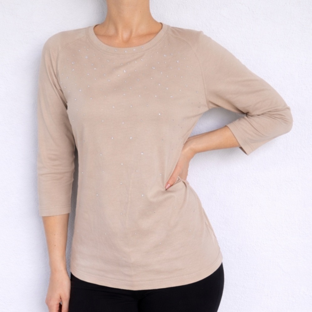 Coral Bay tan rhinestone stud neckline 3/4 sleeve cotton stretch top size medium
